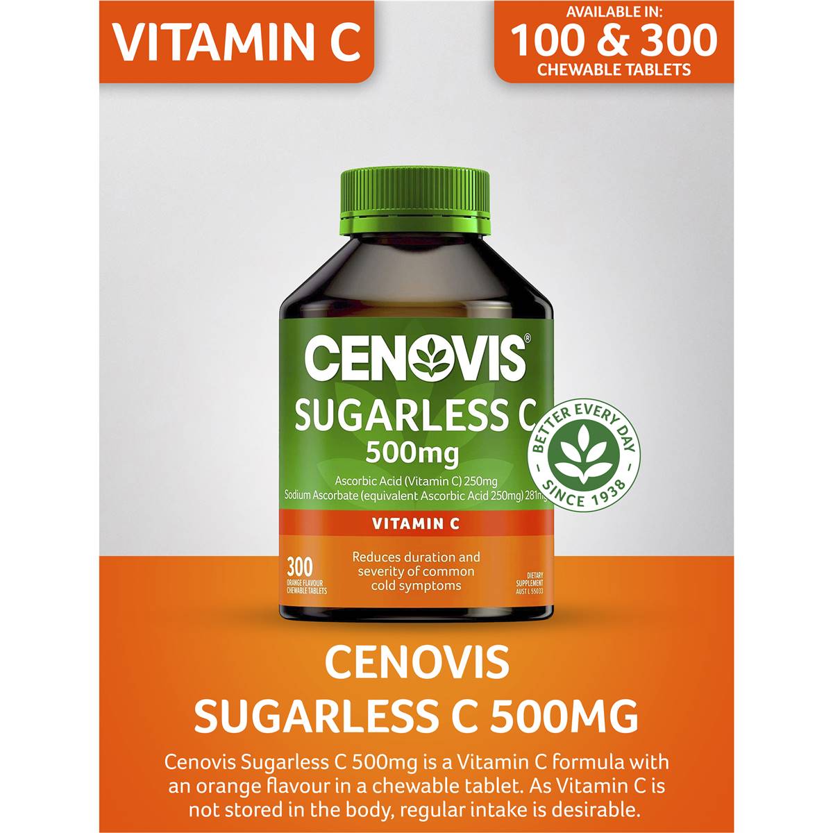 Cenovis Sugarless C 500mg Orange Flavour 300 Tablets