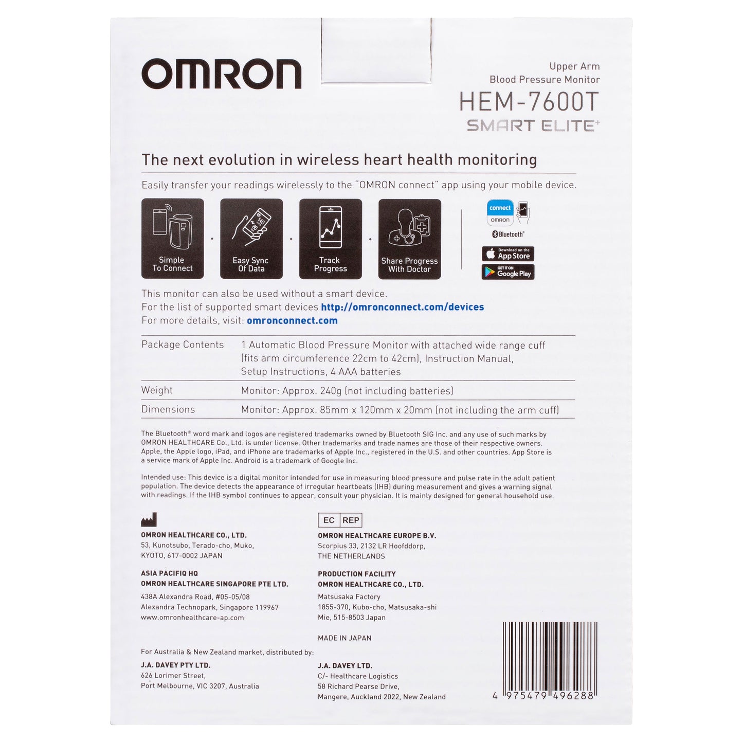 Omron Smart Elite HEM7600T Blood Pressure Monitor Bluetooth Tubeless