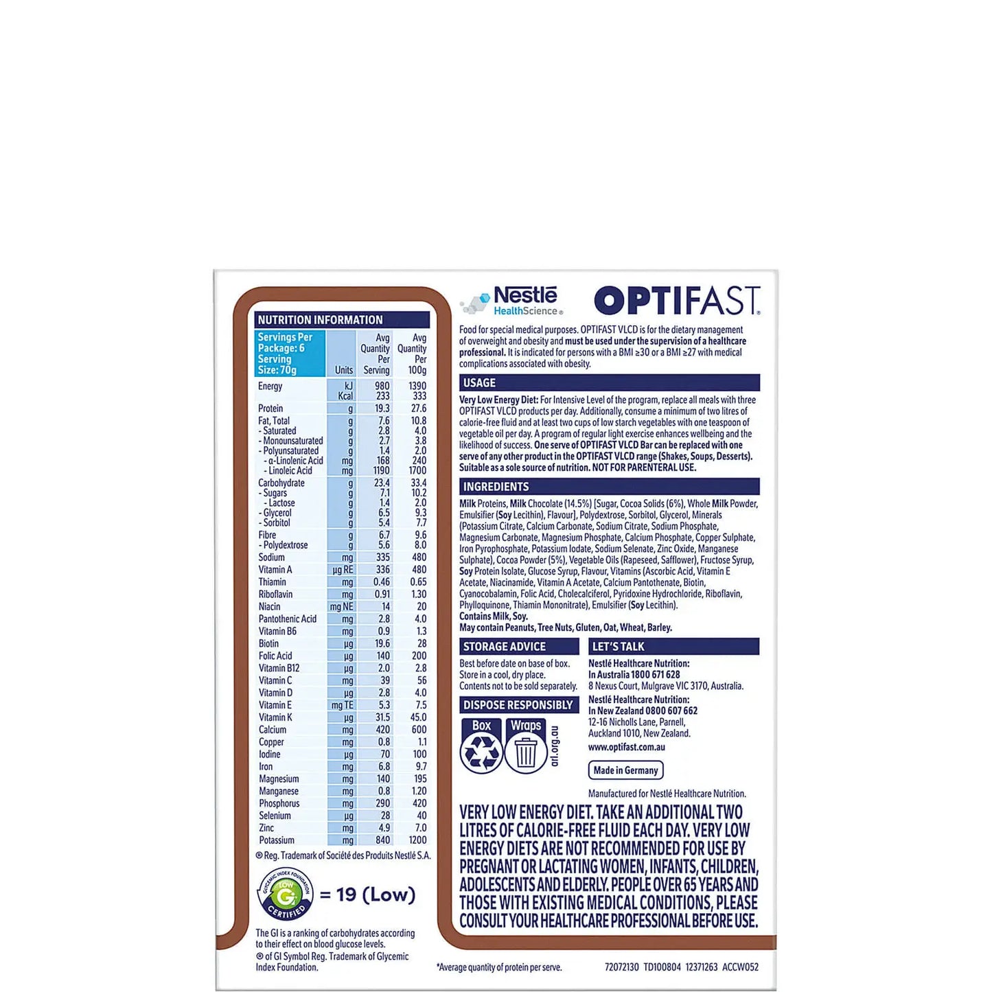 Optifast VLCD Bar Chocolate 6x70g