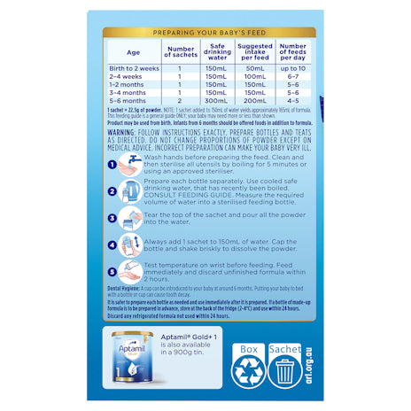 Aptamil Gold+ 1 Baby Infant Formula Powder Sachets From Birth to 6 Months 22.5g 5 Pack