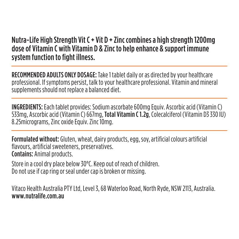 Nutra-Life High Strength Vit C + Vit D + Zinc 60 tablets