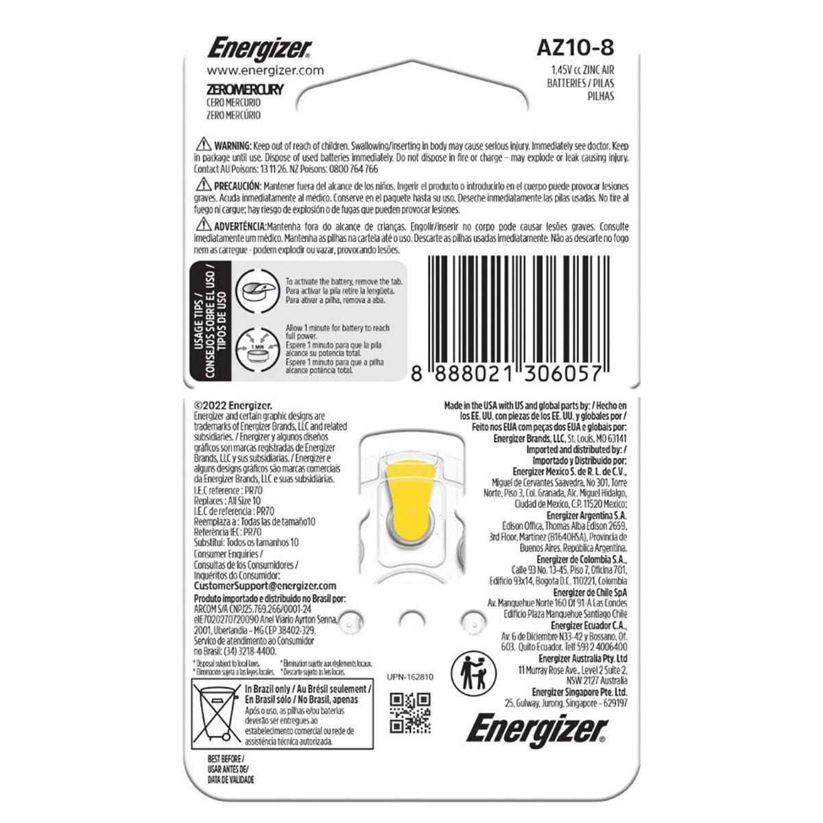 Energizer Hearing Aid AZ10 Pack of 8