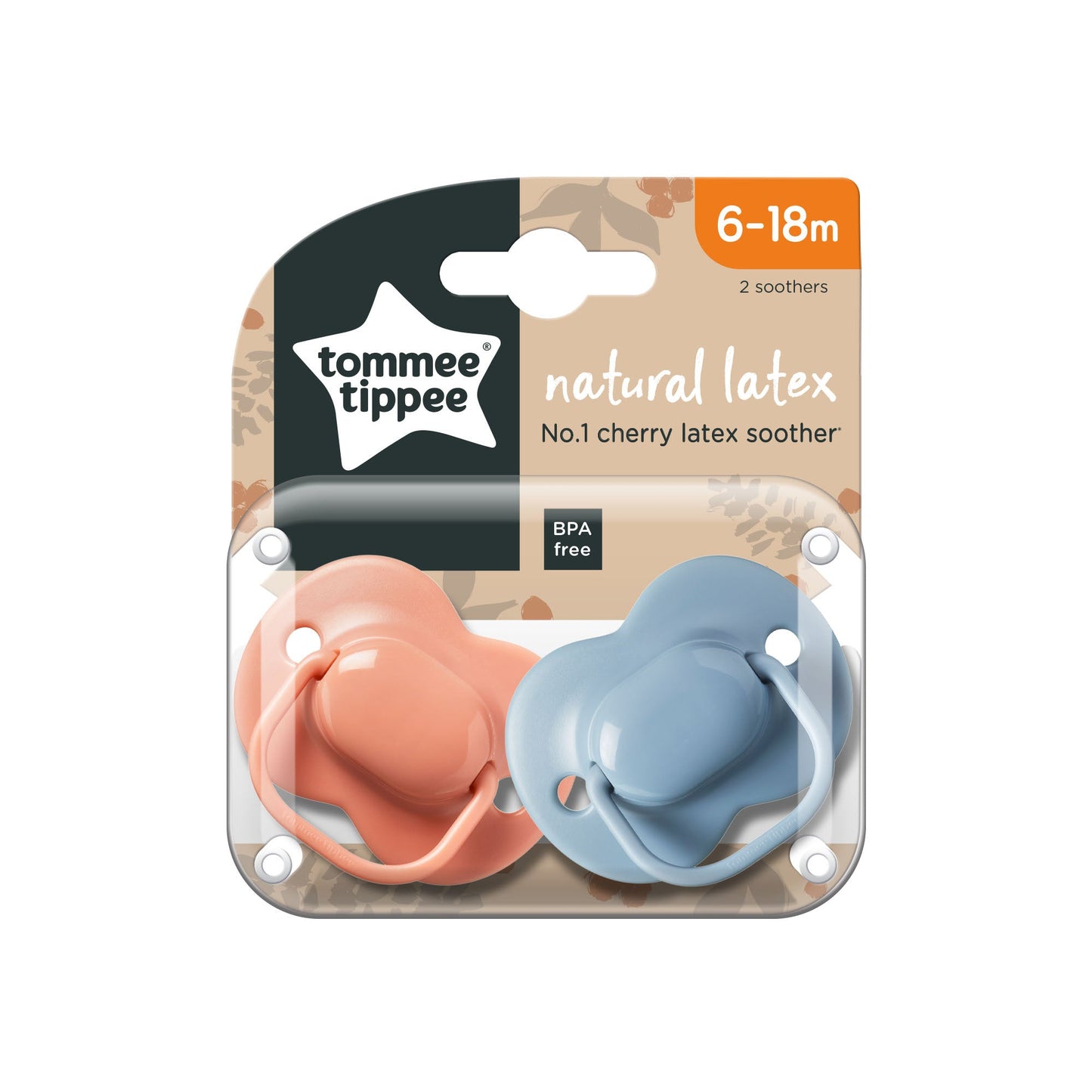 Tommee Tippee Natural Latex Cherry Soothers, Symmetrical Design, BPA-Free, 6-18m, Pack of 2 Dummies (Colour/Design May Vary)