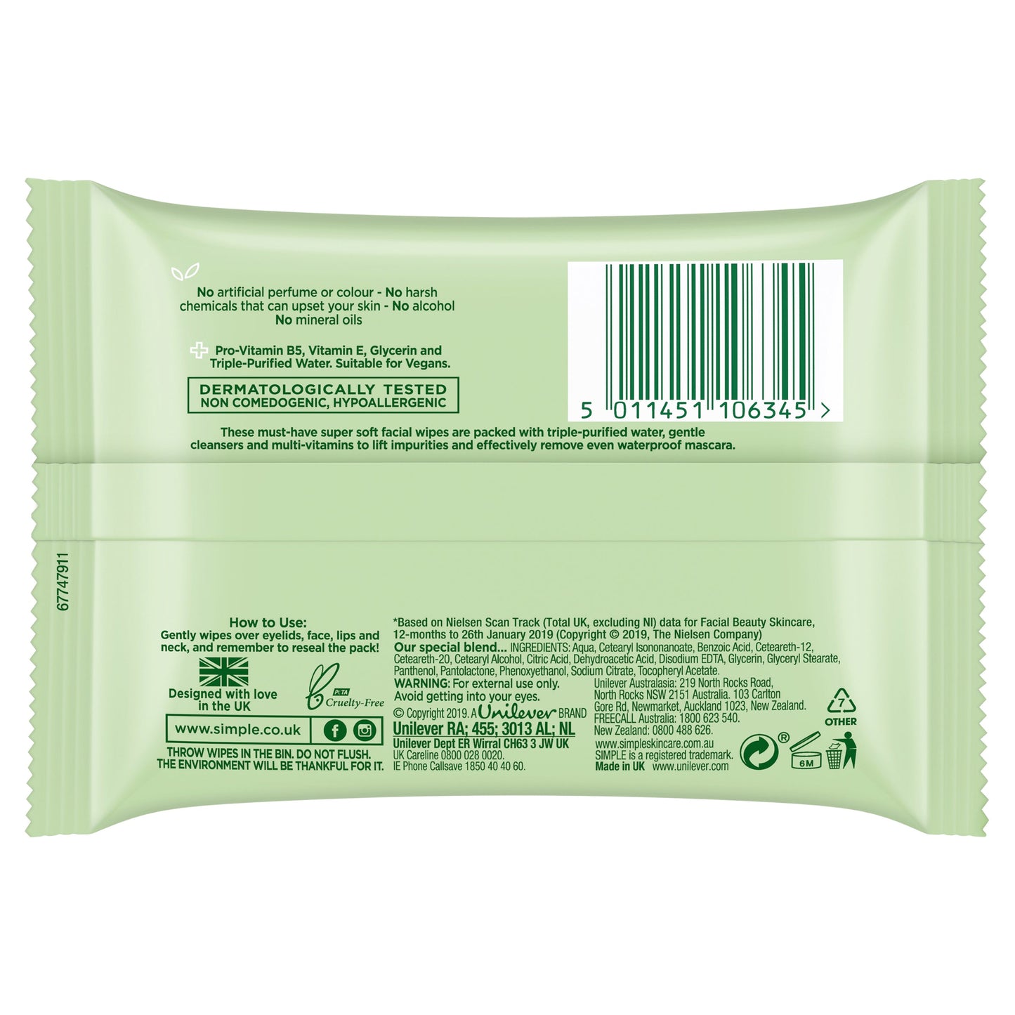 15 x Simple Cleansing Facial Wipes 7 Pack