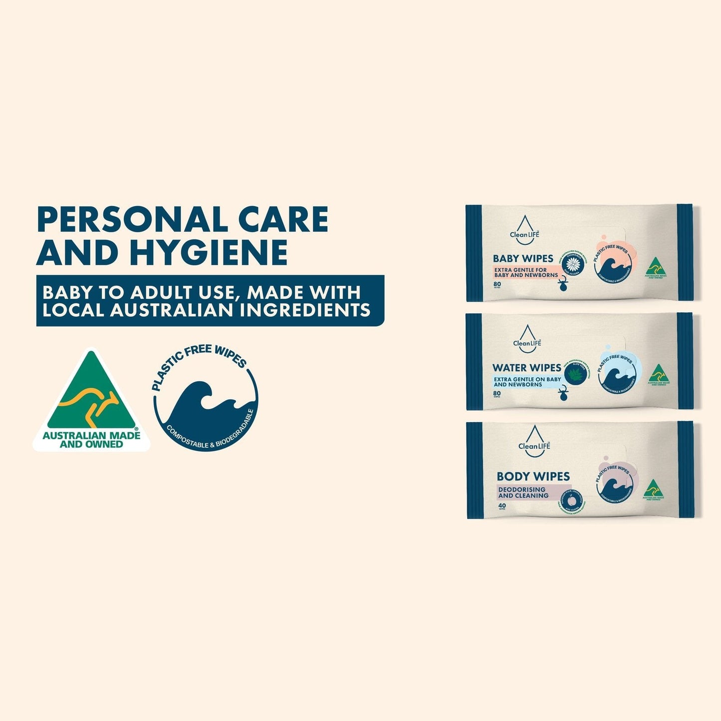 CLEANLIFE Flushable Plastic Free Wipes Extra Soft and Gentle 40pk