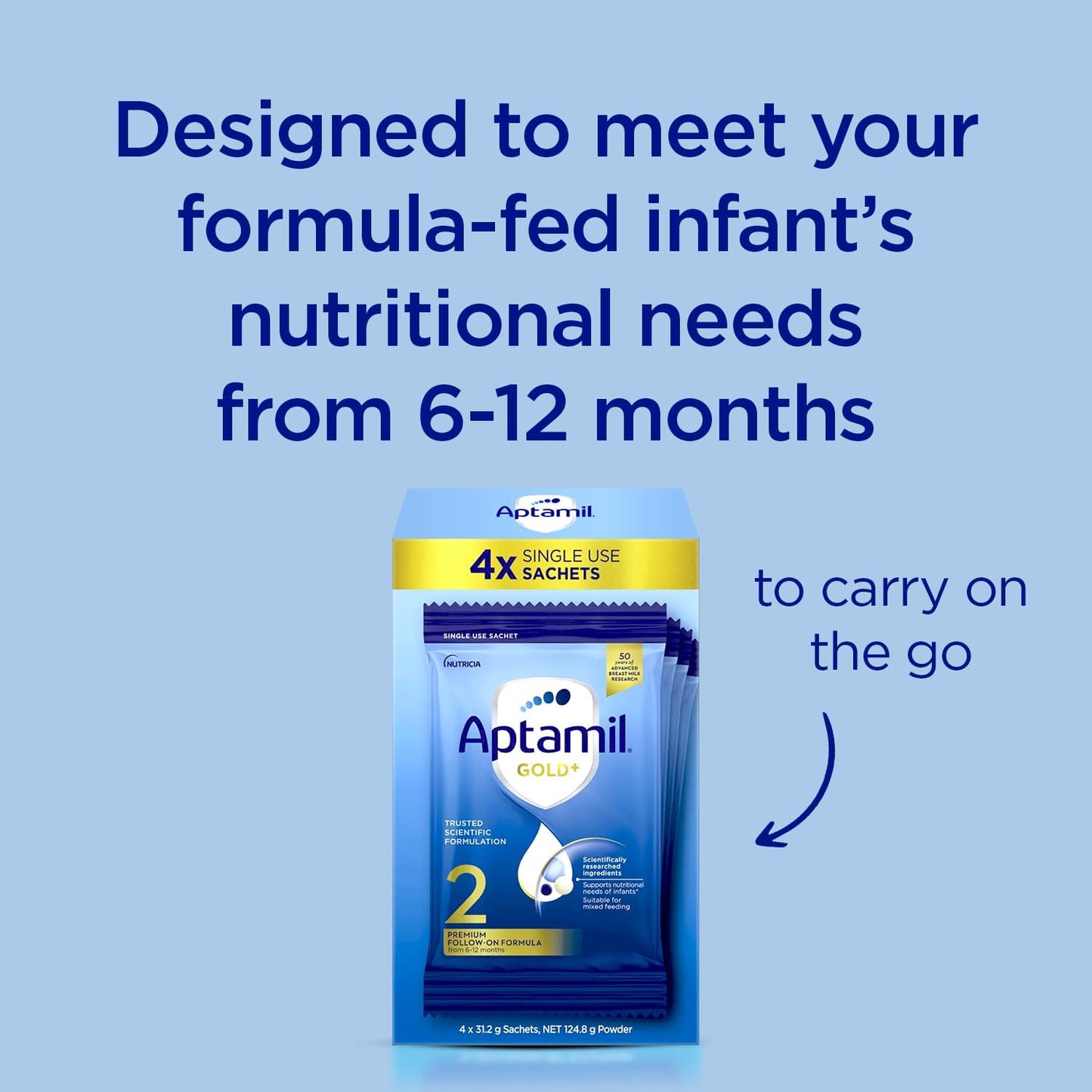 Aptamil Gold+ 2 Baby Follow-on Formula Powder Sachets From 6-12 Months 4 Pack 30.8g