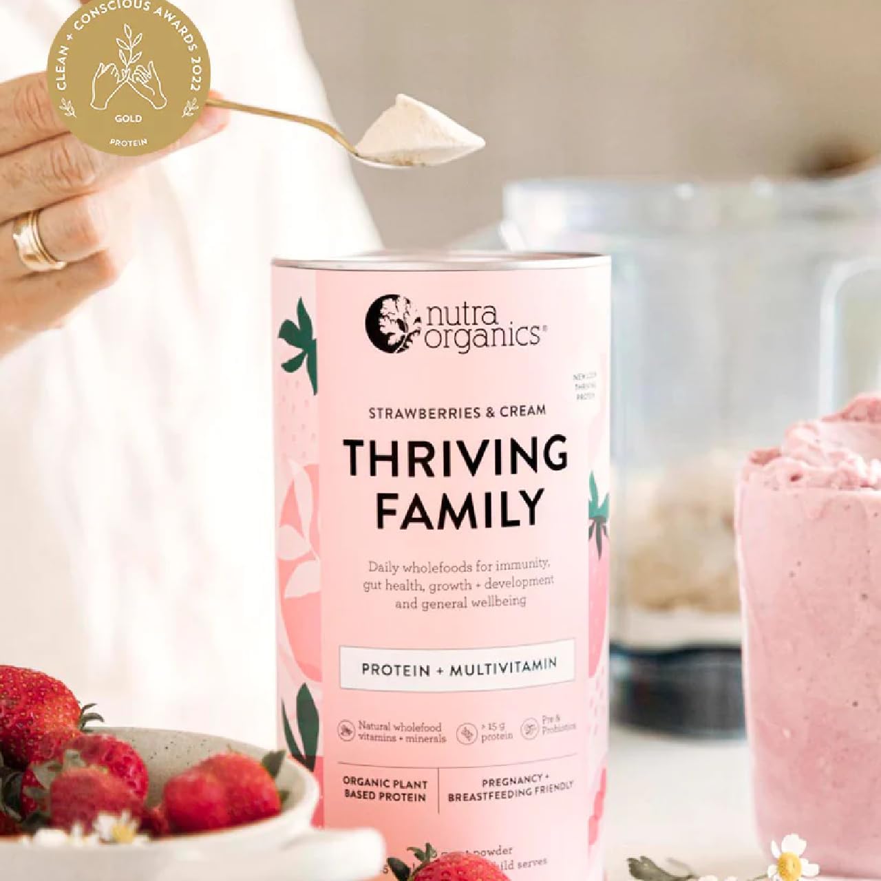 Nutra Organics Organic Thriving Family Protein (Protein + Multivitamin) Strawberries & Cream 450g