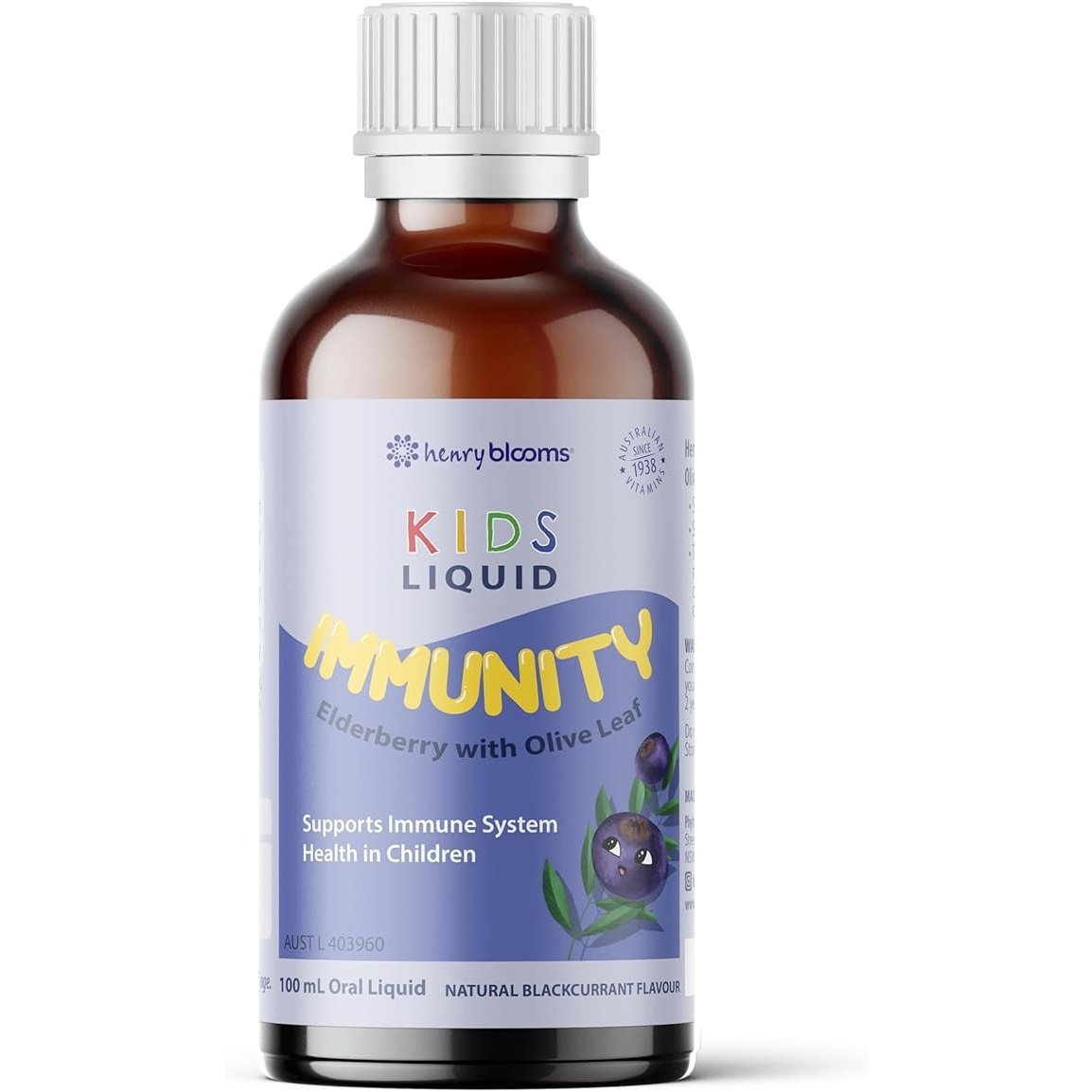 Henry Blooms Kids Liquid Immunity Elderberry with Olive Leaf Blackcurrant 100ml