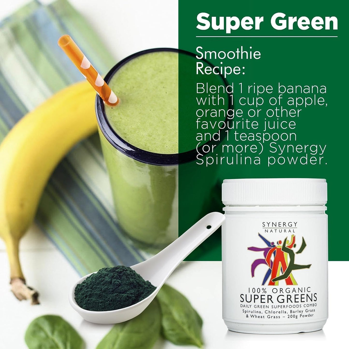 Synergy Natural Organic Super Greens (Spirulina, Chlorella, Barley Grass & Wheat Grass) Powder 100g