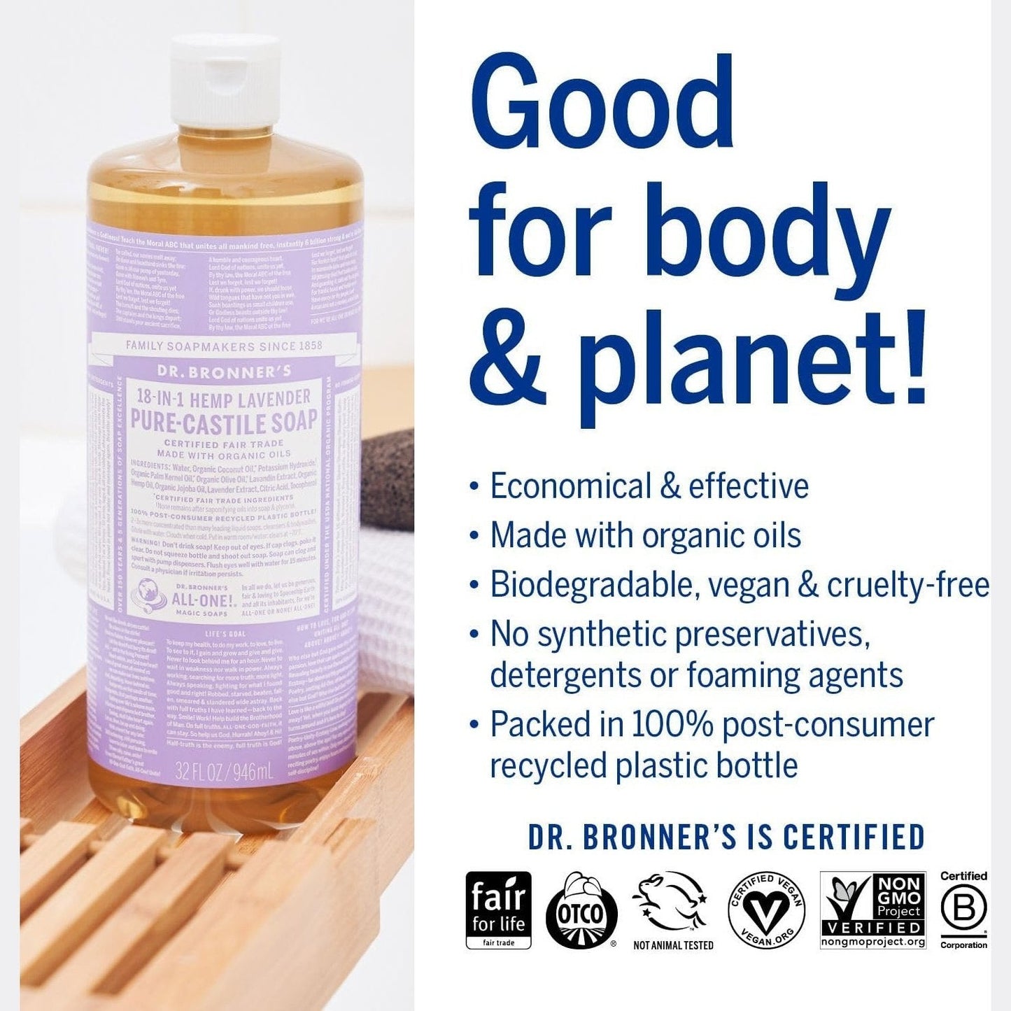 Dr. Bronner's Pure-Castile Soap Liquid (Hemp 18-in-1) Lavender 946ml