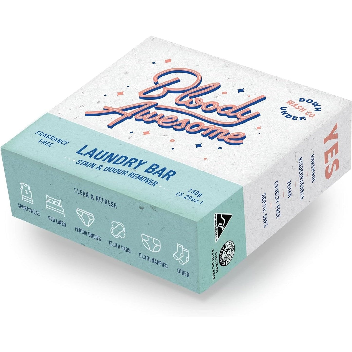 Downunder Wash Co. (Bloody Awesome) Laundry Bar Stain & Odour Remover Fragrance Free 150g