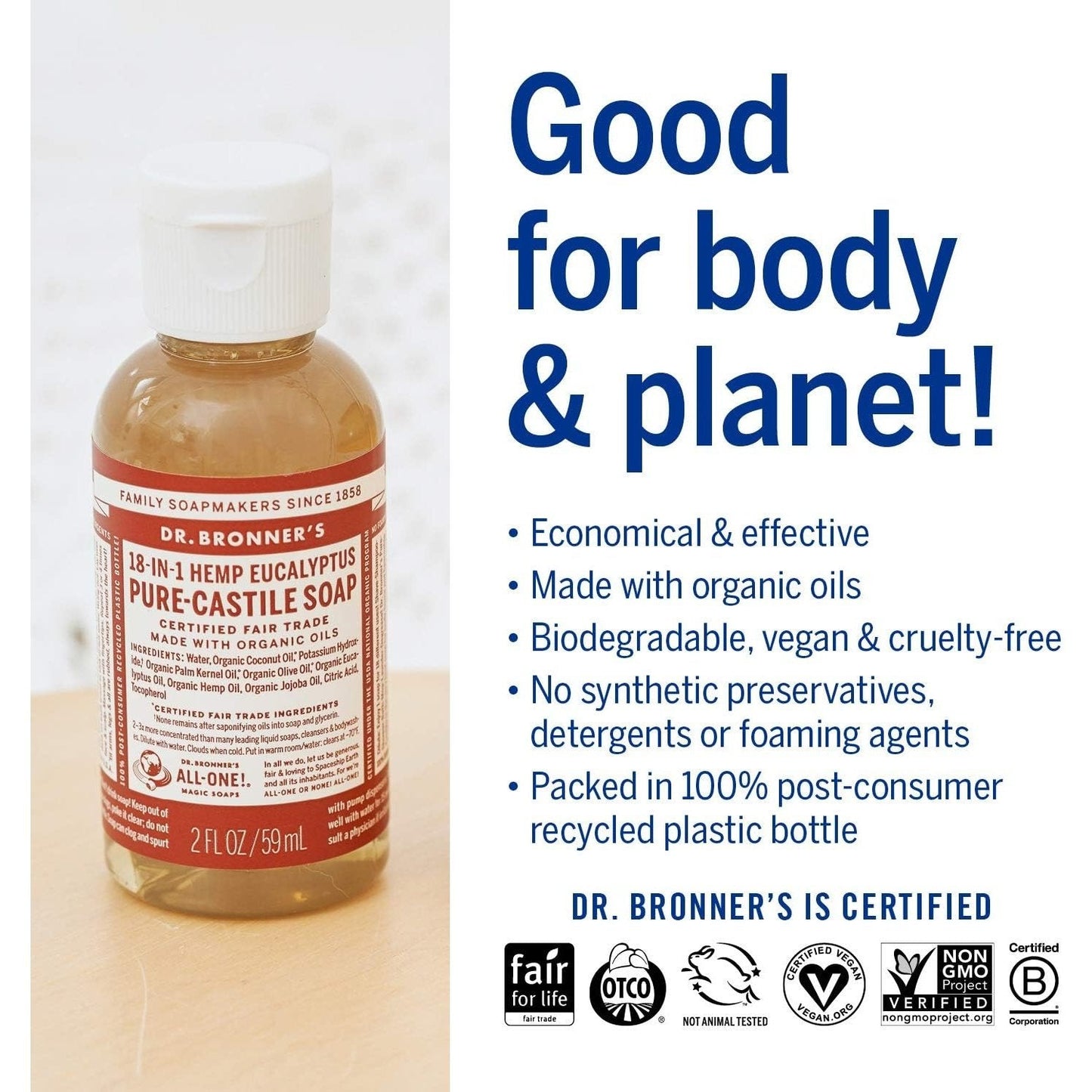 Dr. Bronner's Pure-Castile Soap Liquid (Hemp 18-in-1) Eucalyptus 59ml