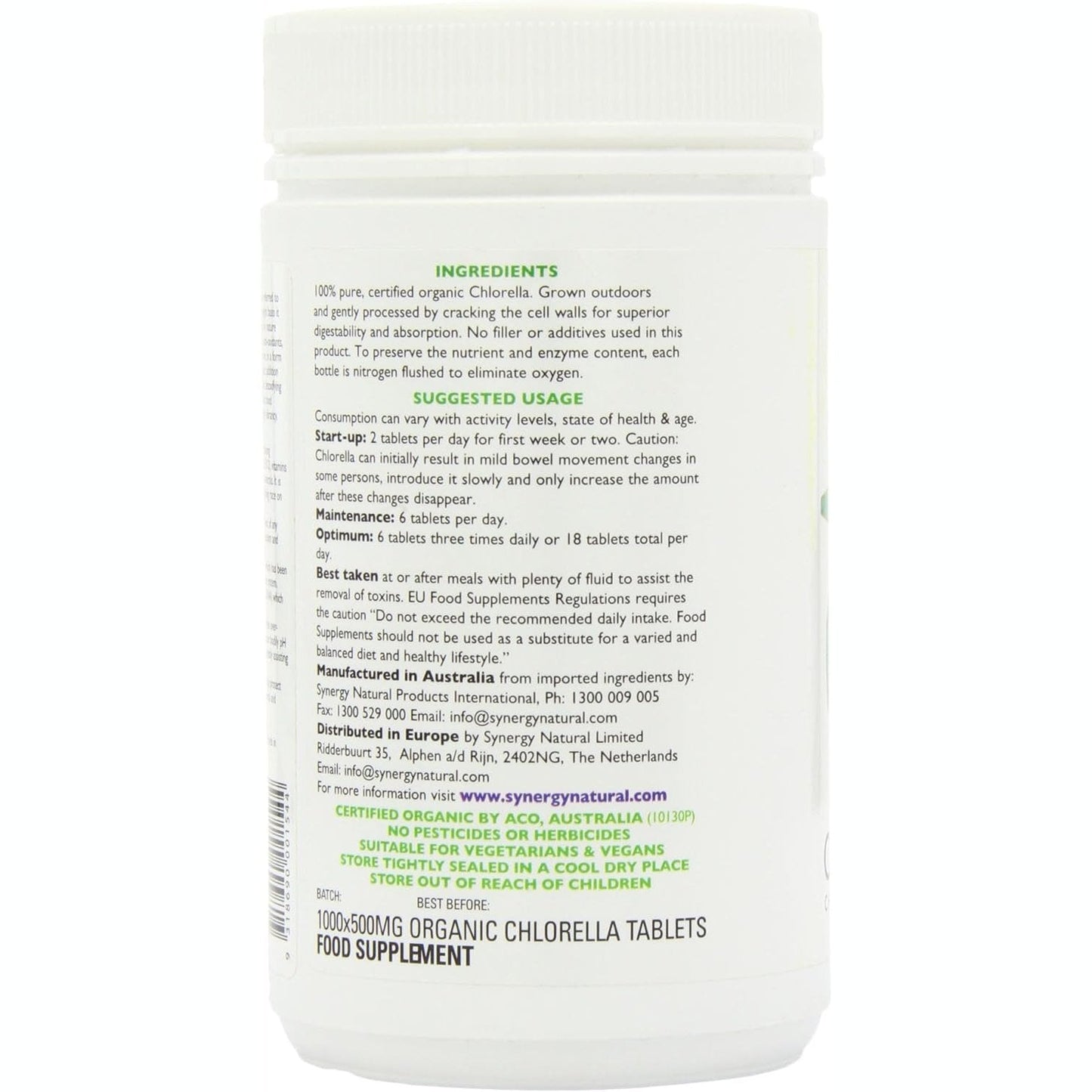 Synergy Natural Organic Chlorella 500mg 1000t