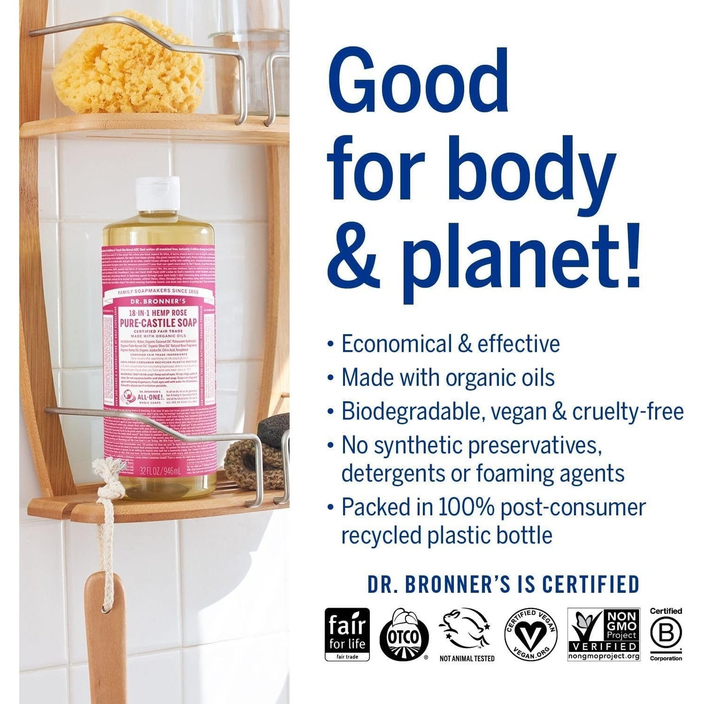 Dr. Bronner's Pure-Castile Soap Liquid (Hemp 18-in-1) Rose 946ml