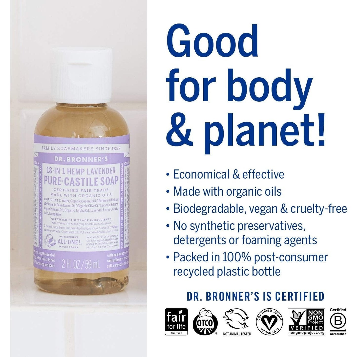 Dr. Bronner's Pure-Castile Soap Liquid (Hemp 18-in-1) Lavender 59ml
