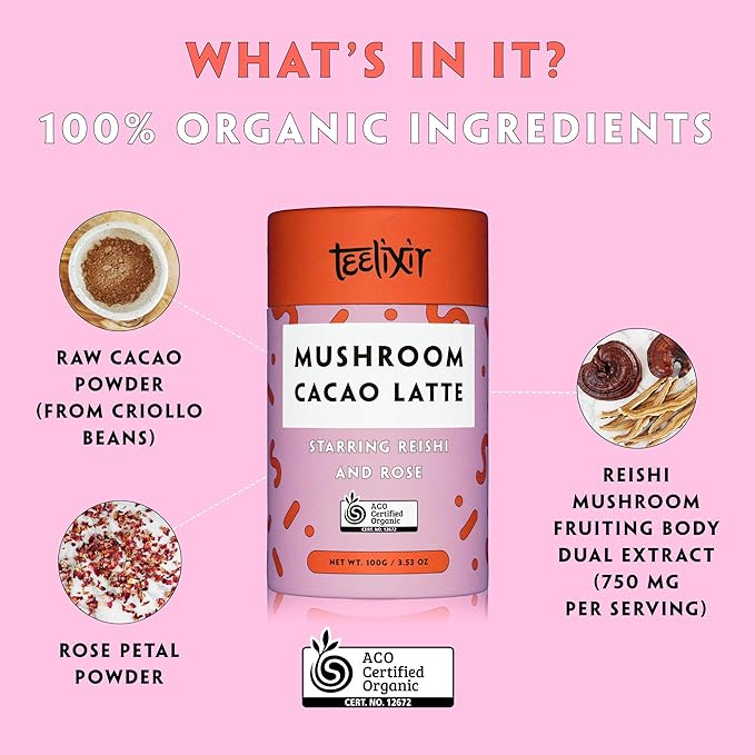 Teelixir Organic Mushroom Cacao Latte (Starring Reishi and Rose) 100g