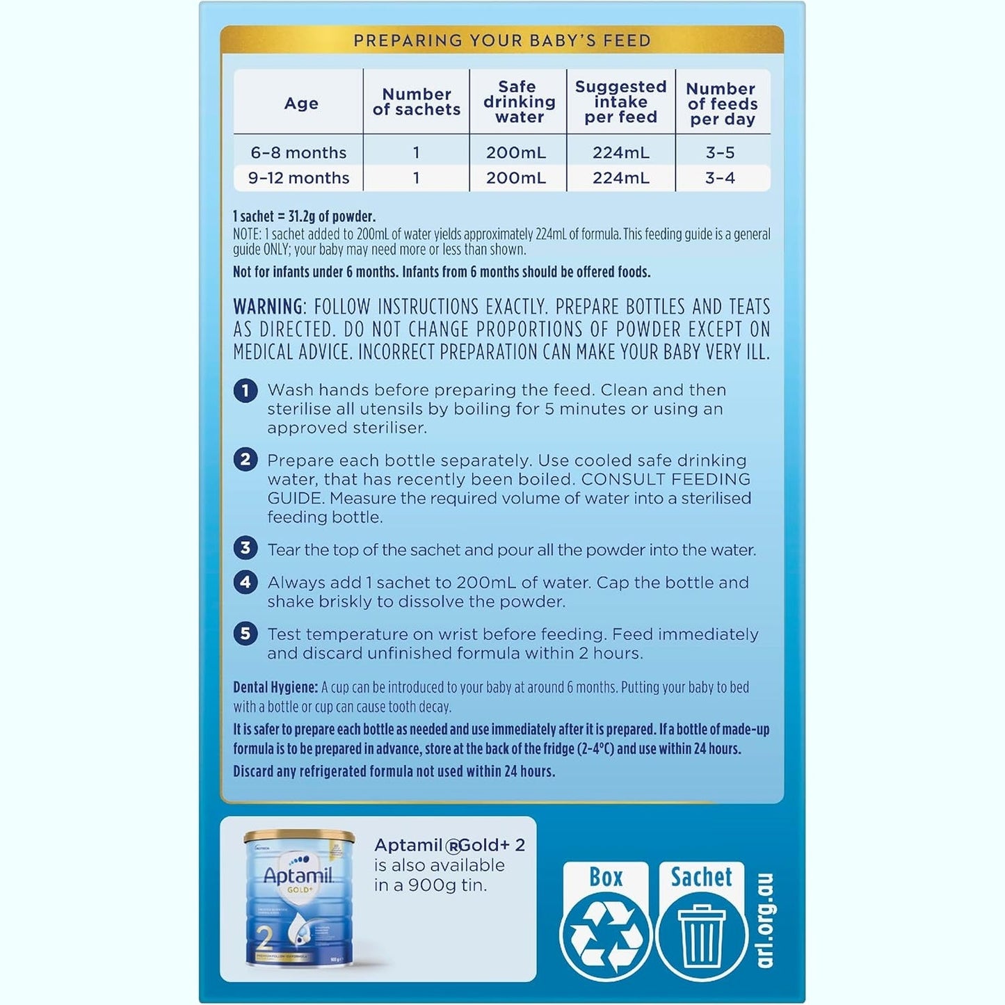 Aptamil Gold+ 2 Baby Follow-on Formula Powder Sachets From 6-12 Months 4 Pack 30.8g