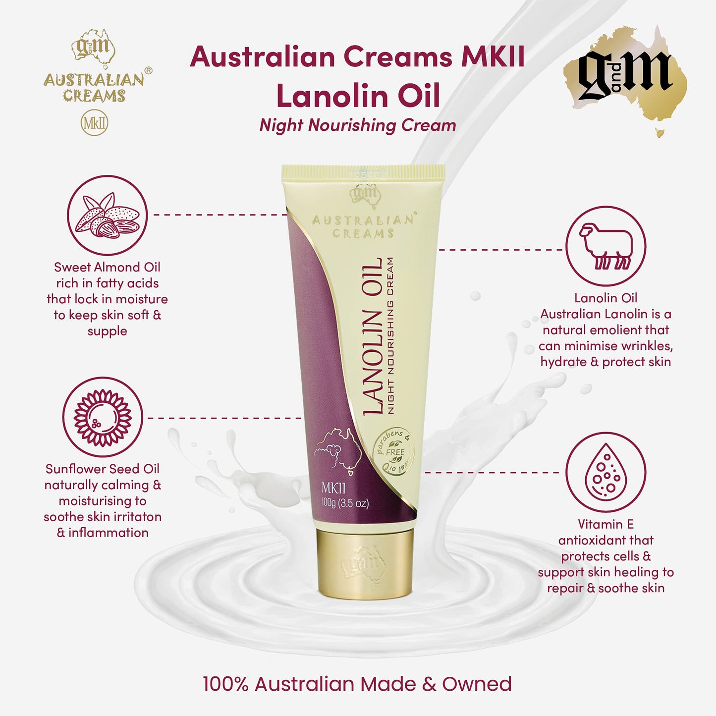 Australian Creams MkII Lanolin Oil Night Nourishing Cream With Vitamin E 100g