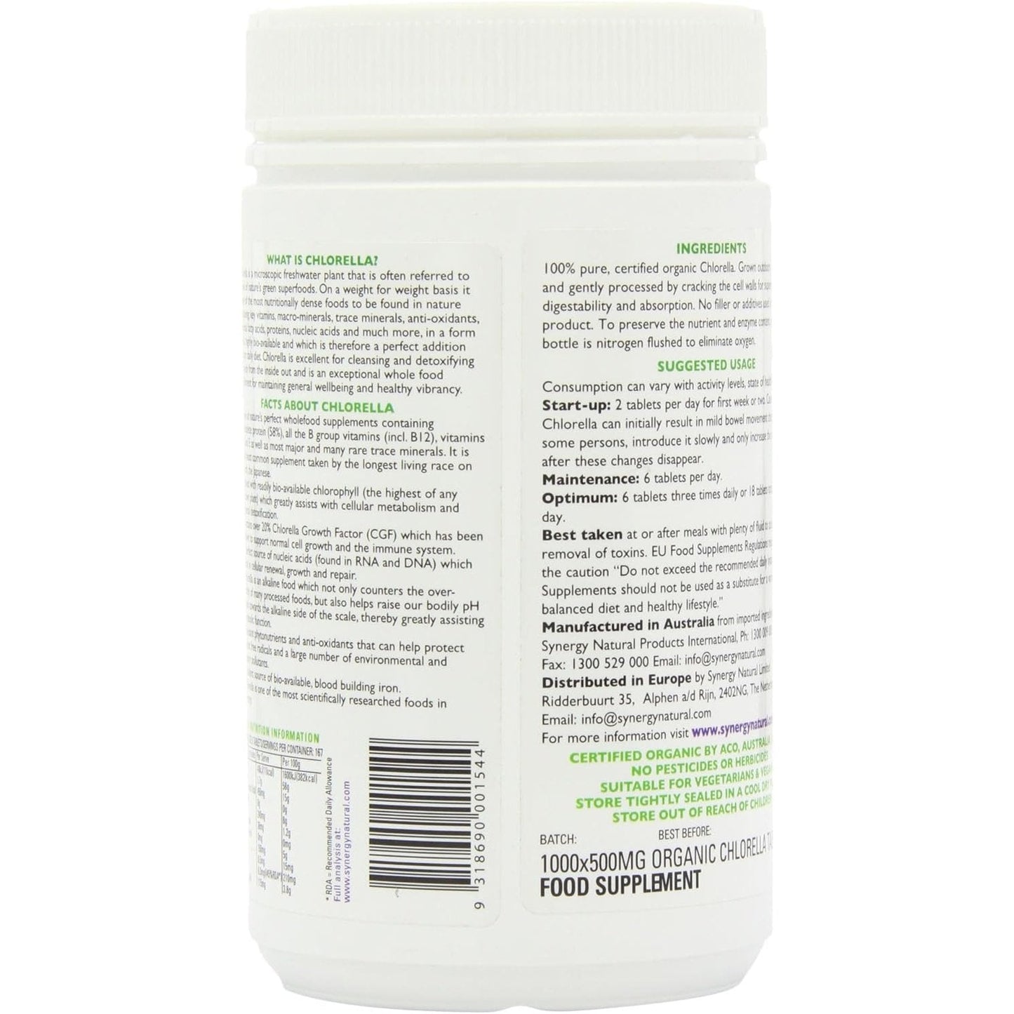 Synergy Natural Organic Chlorella 500mg 1000t