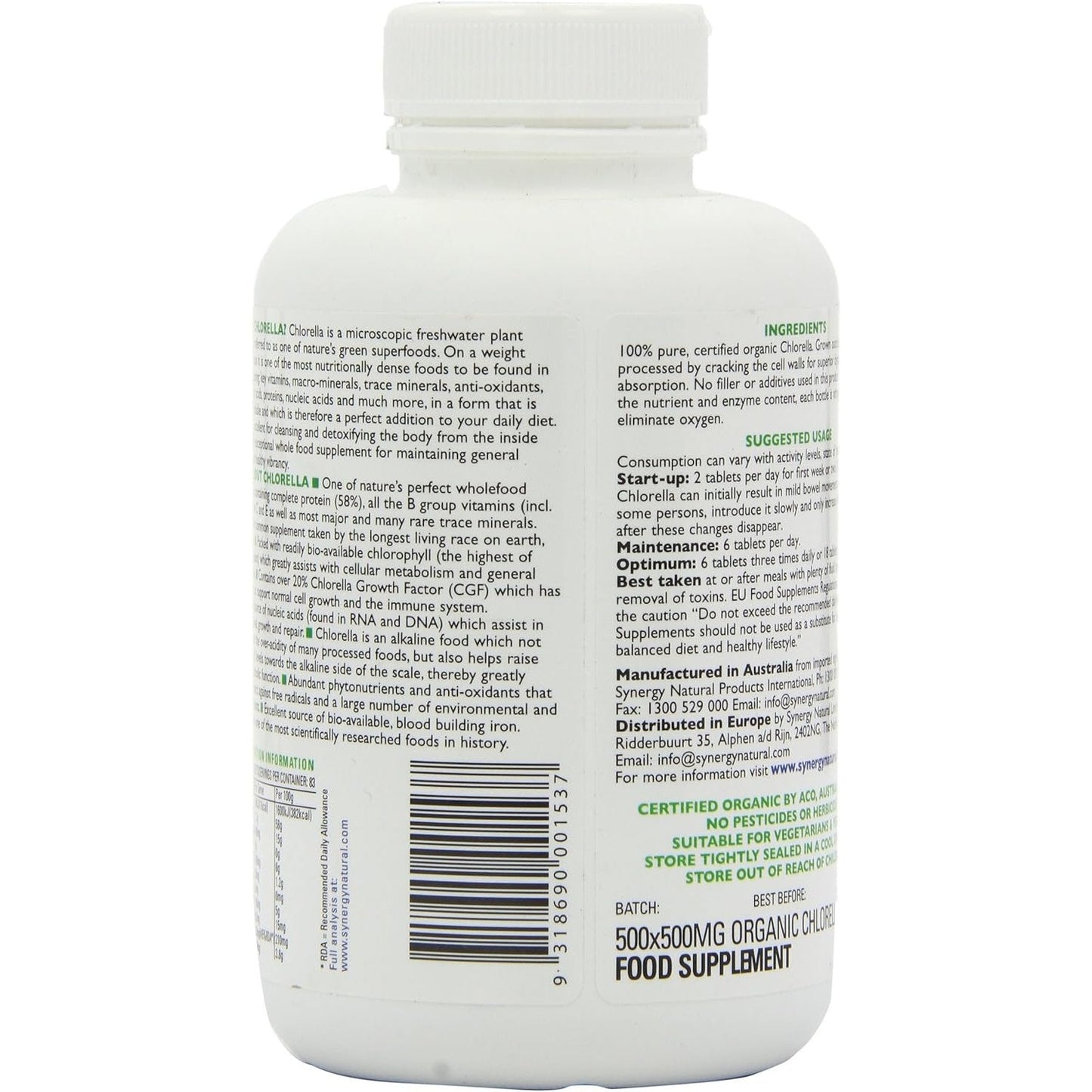 Synergy Natural Organic Chlorella 500mg 500t