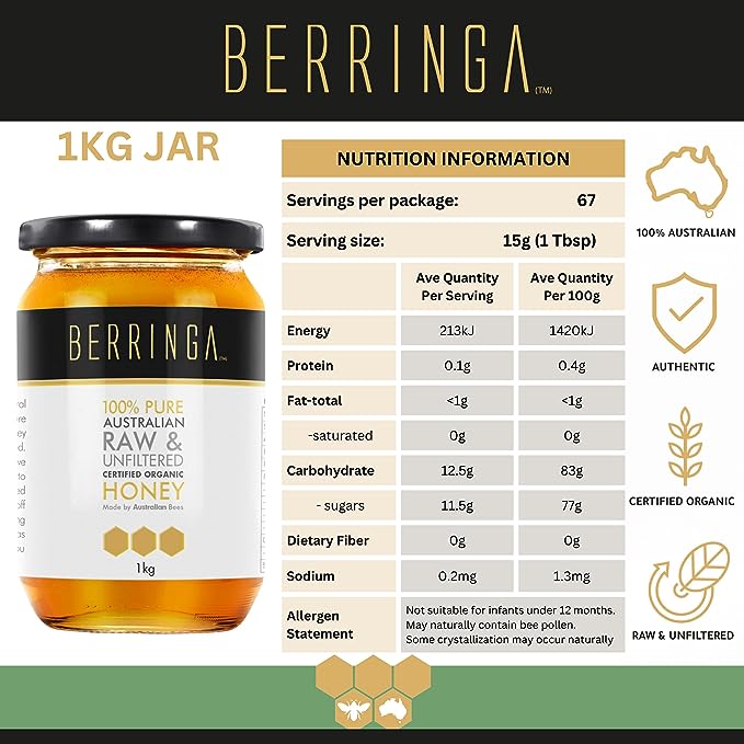 Berringa 100% Pure Australian Raw & Unfiltered Organic Honey 1kg