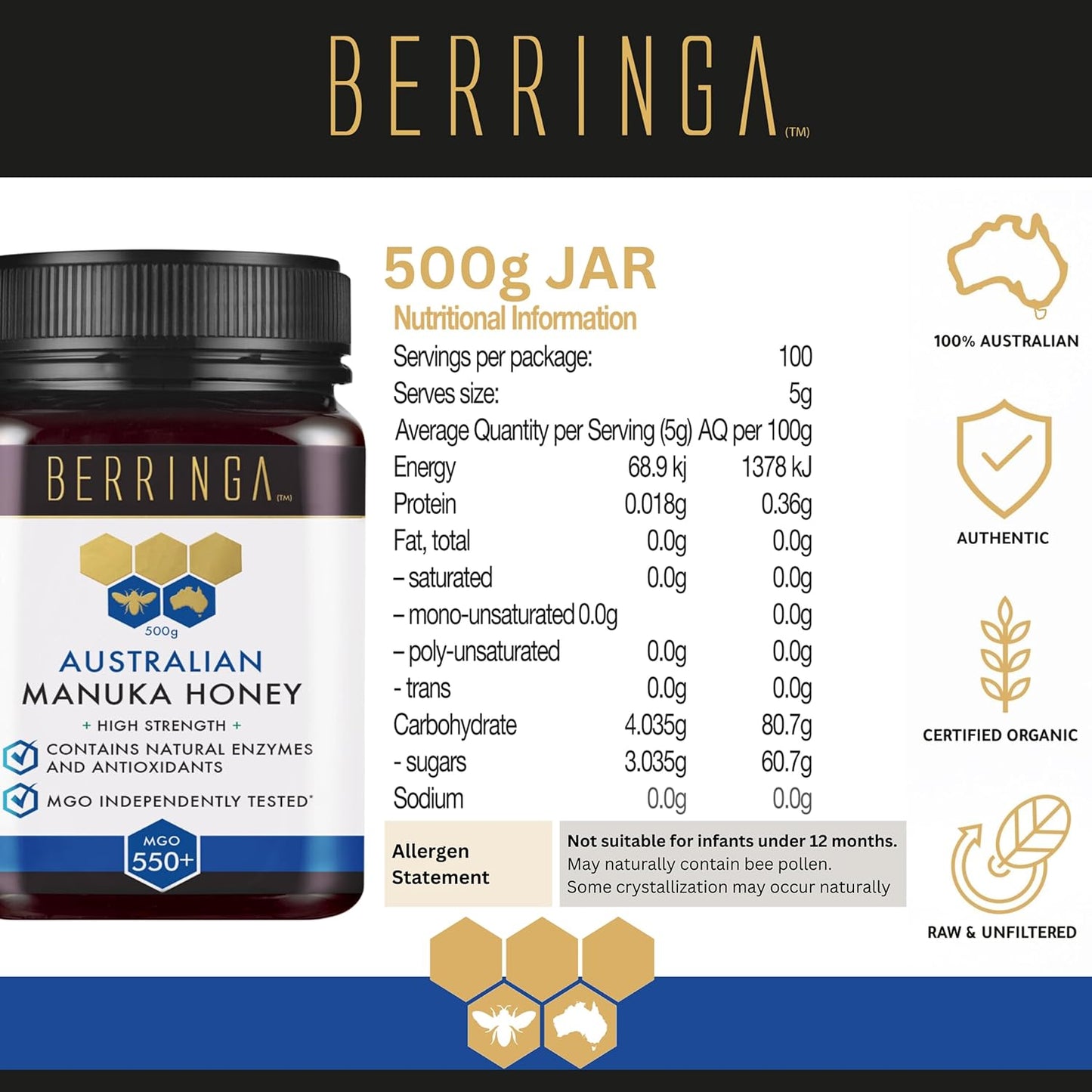 Berringa Australian Manuka Honey High Strength (MGO 550+) 500g