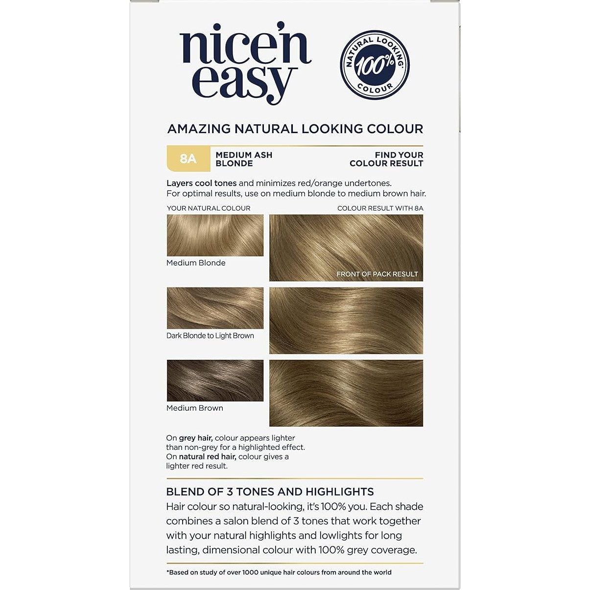 Clairol Nice 'N Easy 8A Natural Medium Ash Blonde Permanent Hair Colour 1 Pack