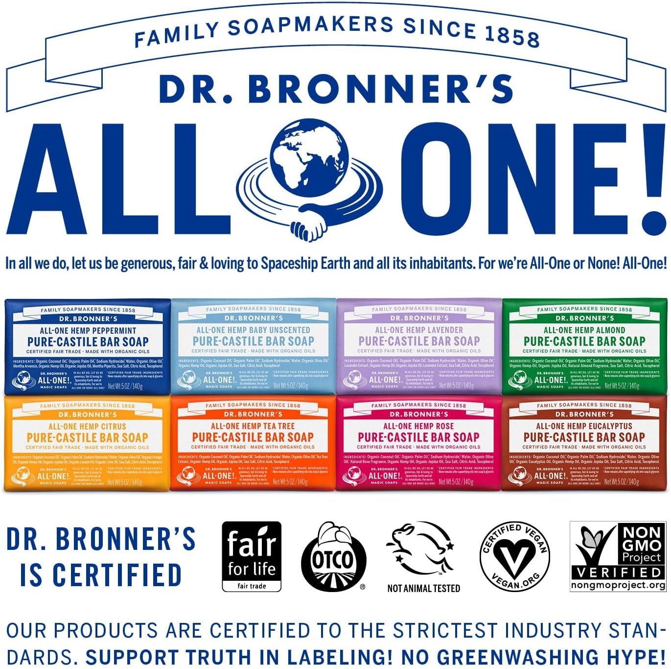 Dr. Bronner's Pure-Castile Bar Soap (Hemp All-One) Peppermint 140g