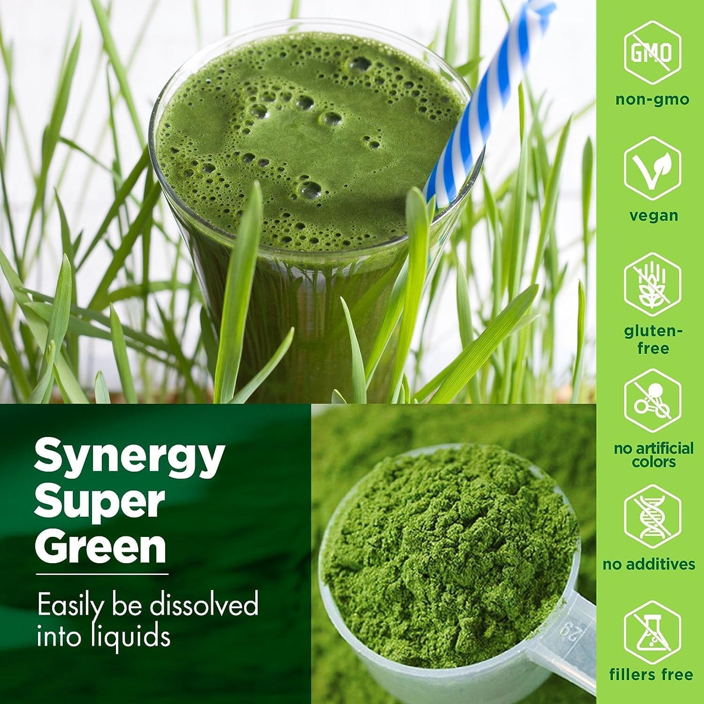 Synergy Natural Organic Super Greens (Spirulina, Chlorella, Barley Grass & Wheat Grass) Powder 100g