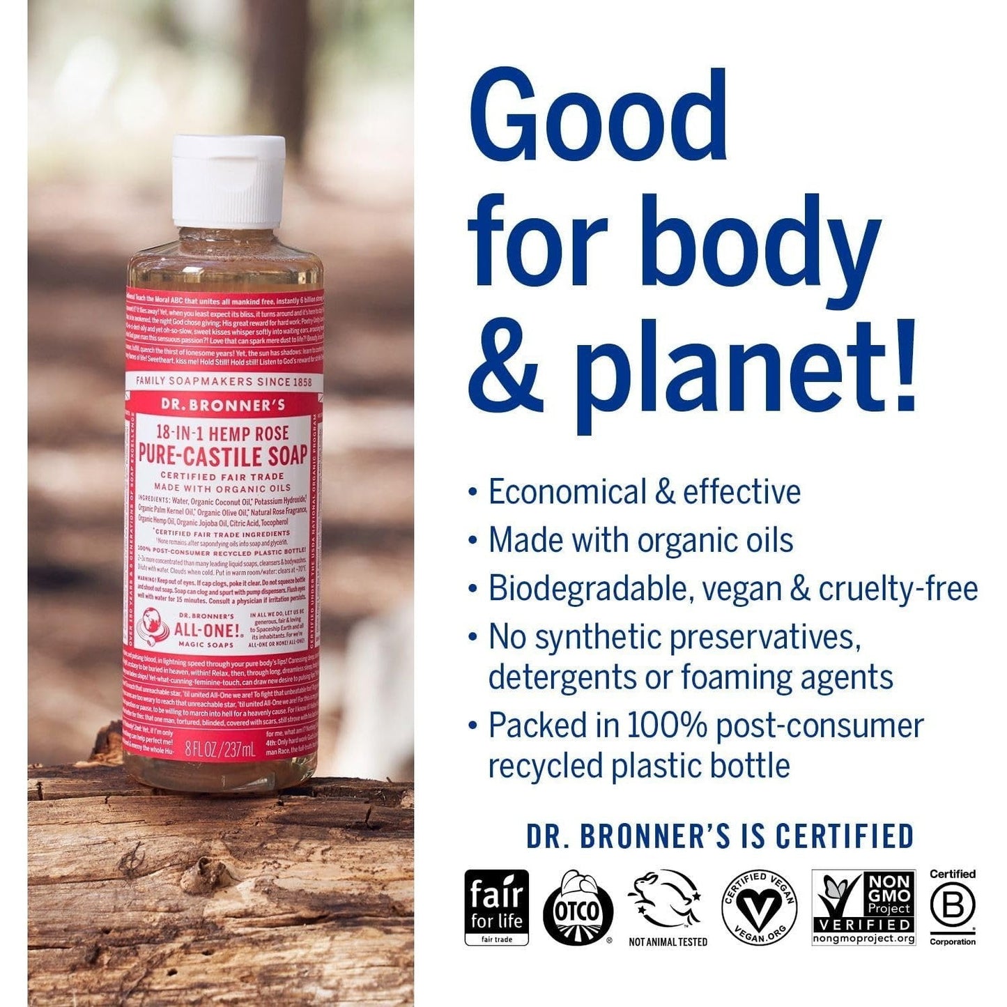 Dr. Bronner's Pure-Castile Soap Liquid (Hemp 18-in-1) Rose 237ml