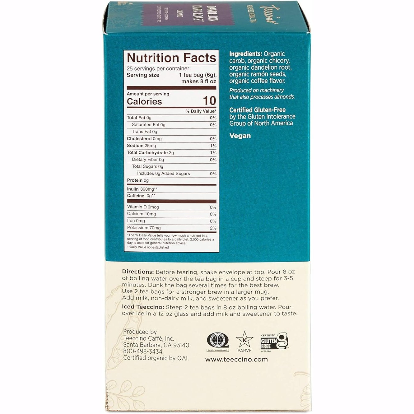 Teeccino Herbal Org Dandelion DarkRoast x 25 Tea Bags