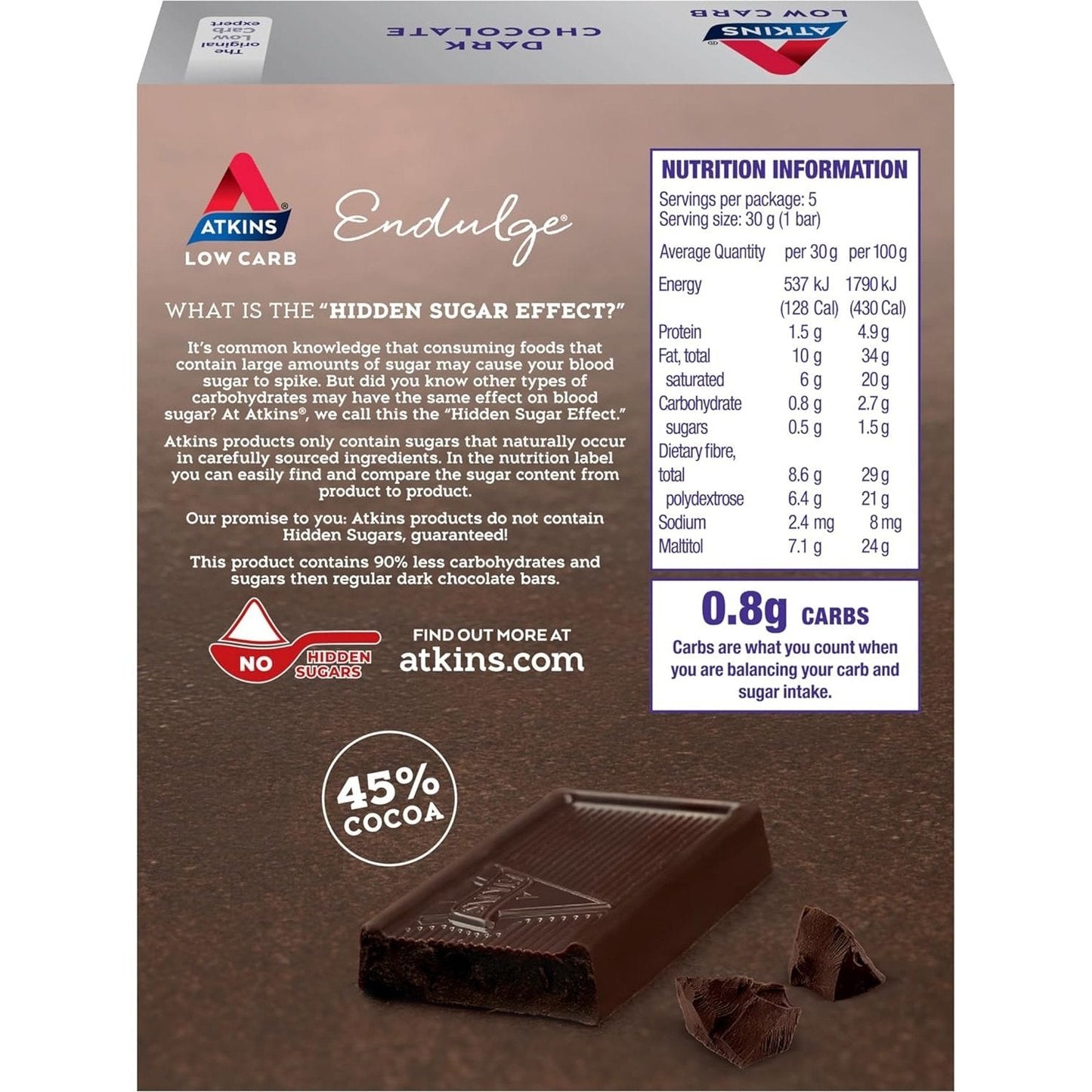 Atkins Endulge Dark Chocolate Bar 30g 5 Pack