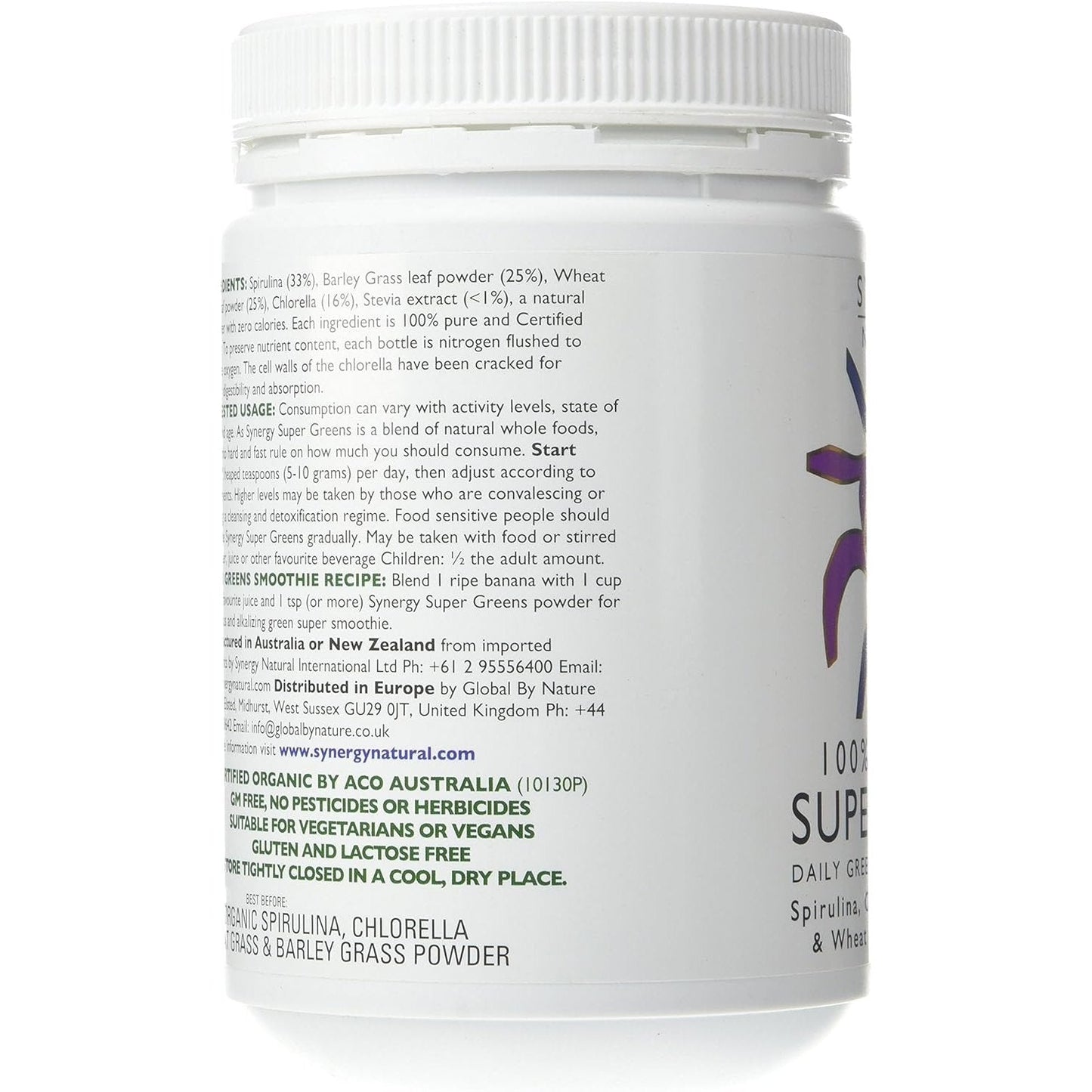 Synergy Natural Organic Super Greens (Spirulina, Chlorella, Barley Grass & Wheat Grass) Powder 500g