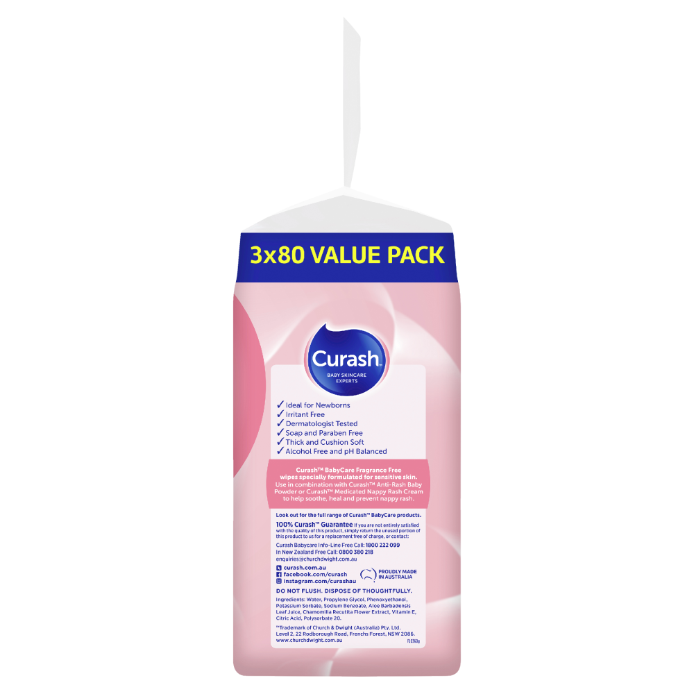 CURASH FRAGRANCE FREE WIPES 3X80PK