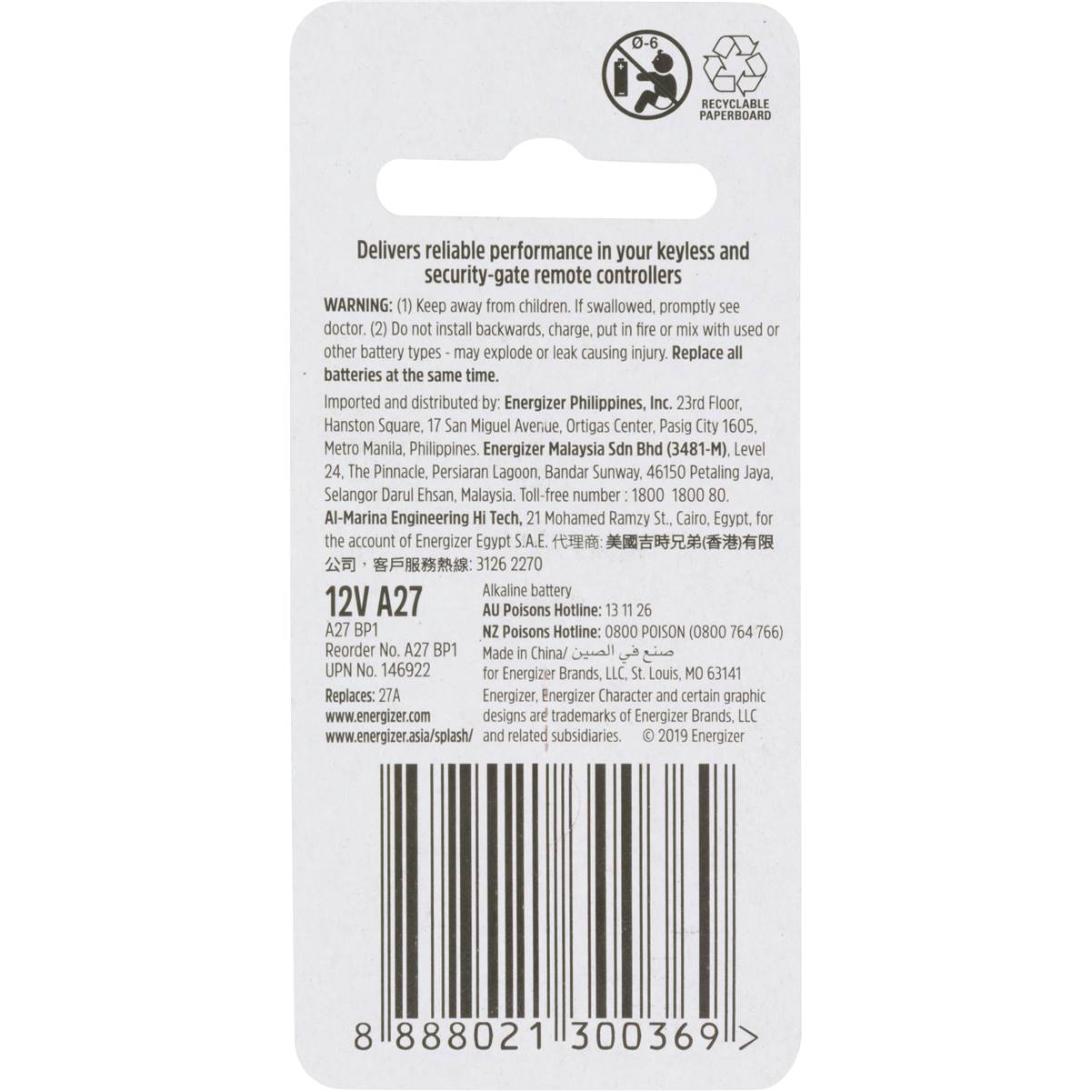 Energizer A27 Alkaline Battery Each