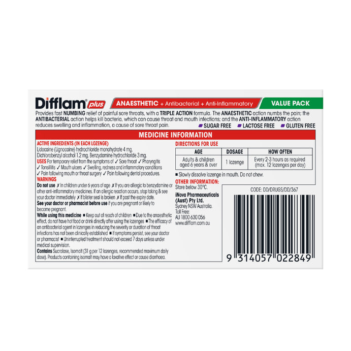 Difflam Plus Anaesthetic + Anti-inflammatory + Antibacterial Blackcurrant Flavour 32 Lozenges