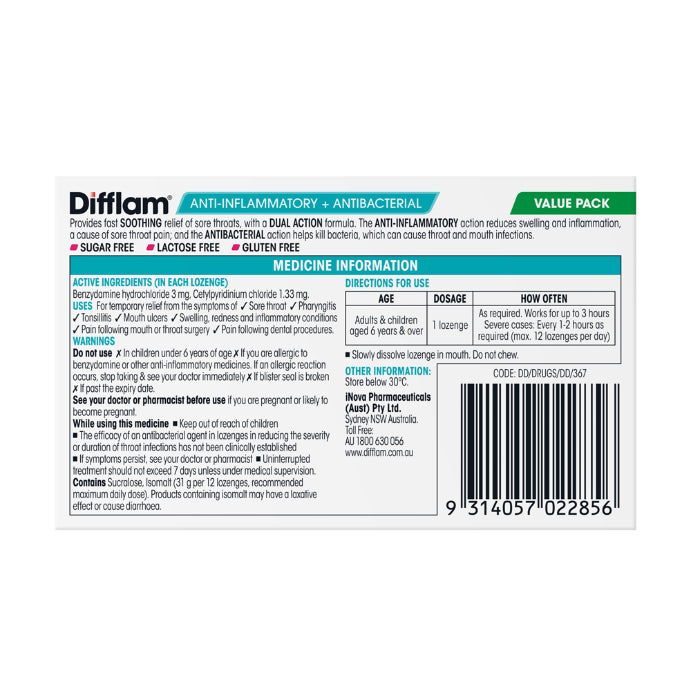 Difflam Anti-inflammatory + Antibacterial Value Pack Strawberry Flavour 32 Lozenges