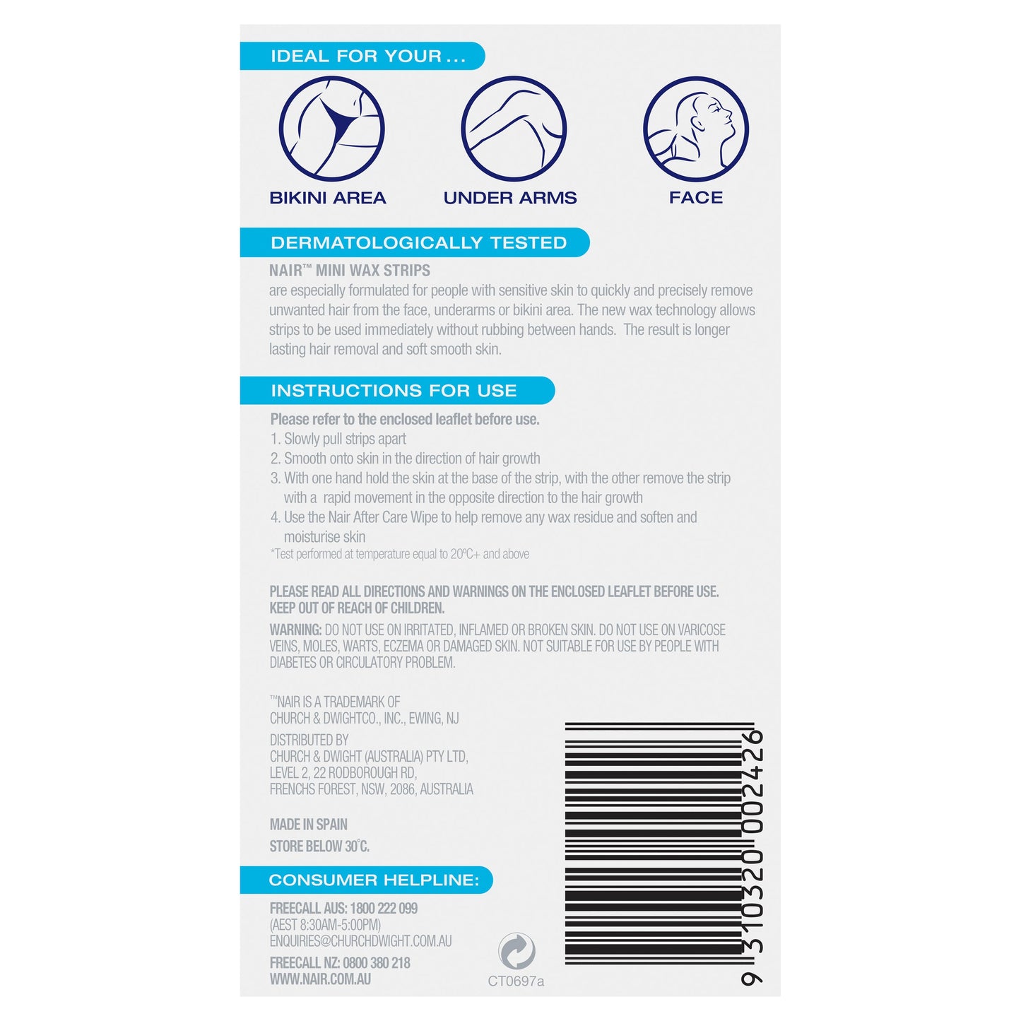 NAIR Sensitive Mini Wax Strips Face & Sensitive Areas 20 Pack