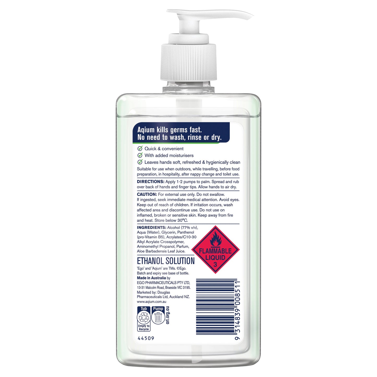 EGO Aqium with Aloe Antibacterial Hand Sanitiser 375mL