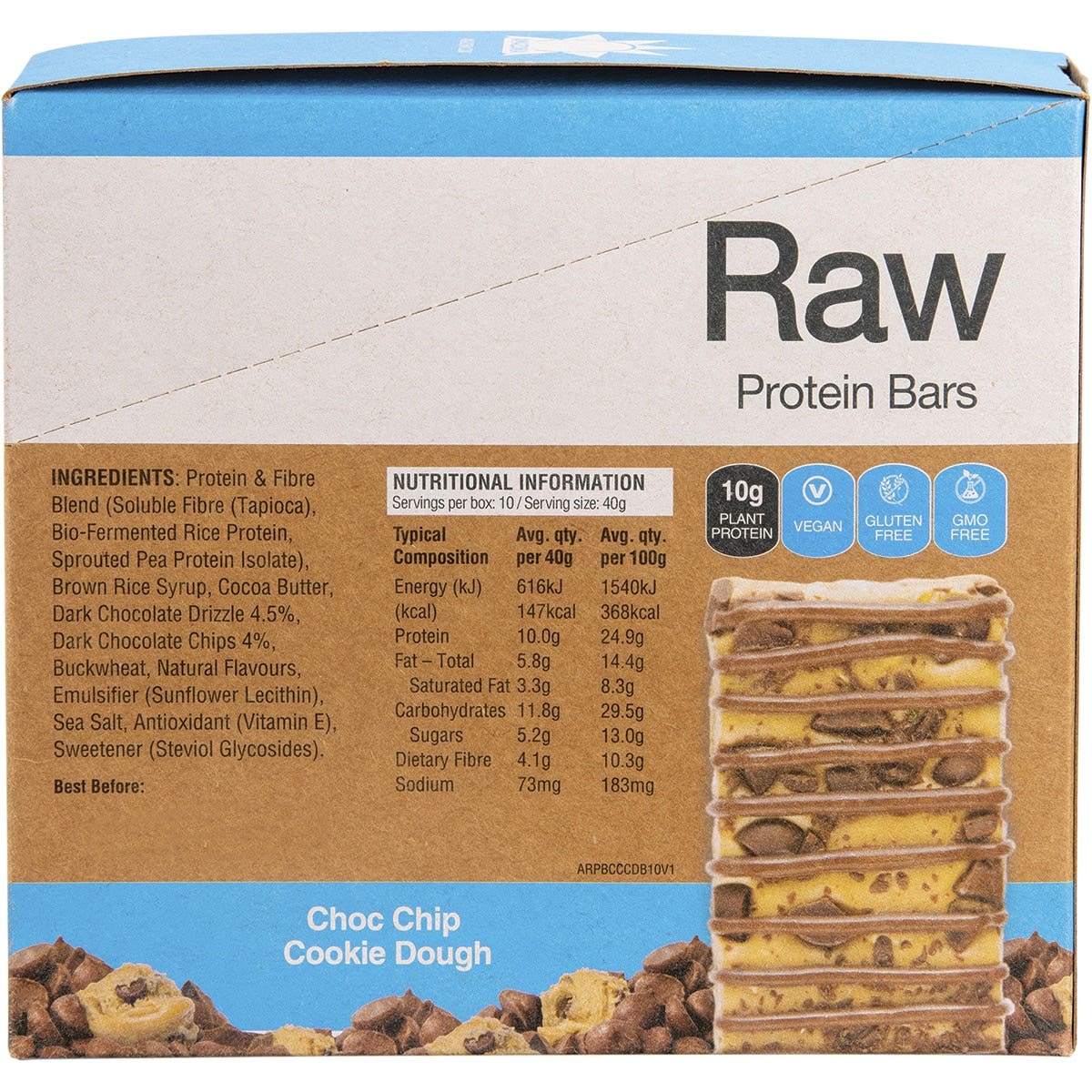 Amazonia Raw Protein Bar Choc Chip Cookie Dough 10x40g