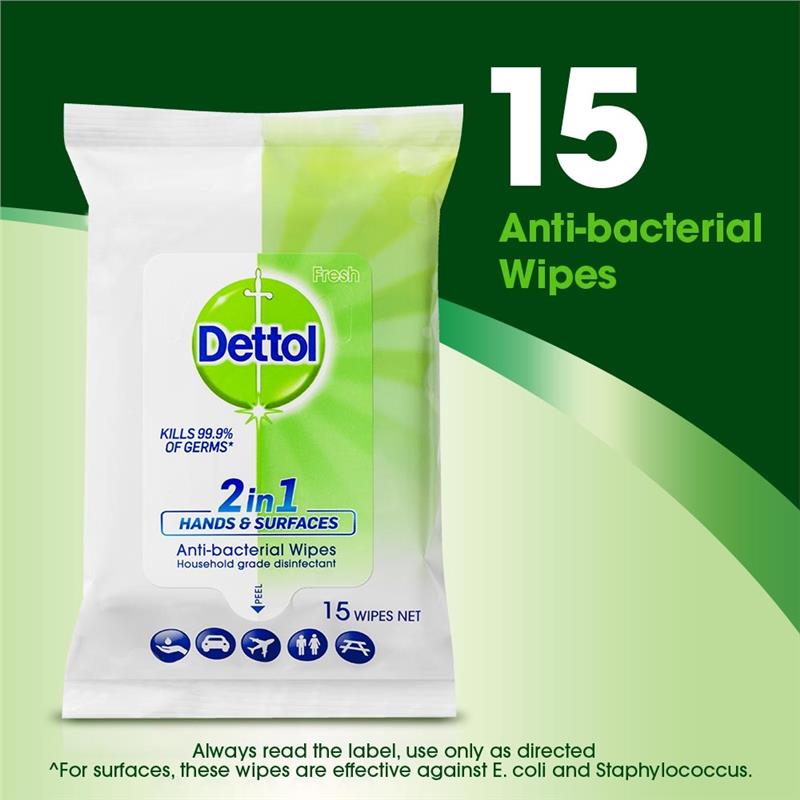 Dettol Hands and Surface Wipes 15pk 2 in 1 Antibacterial