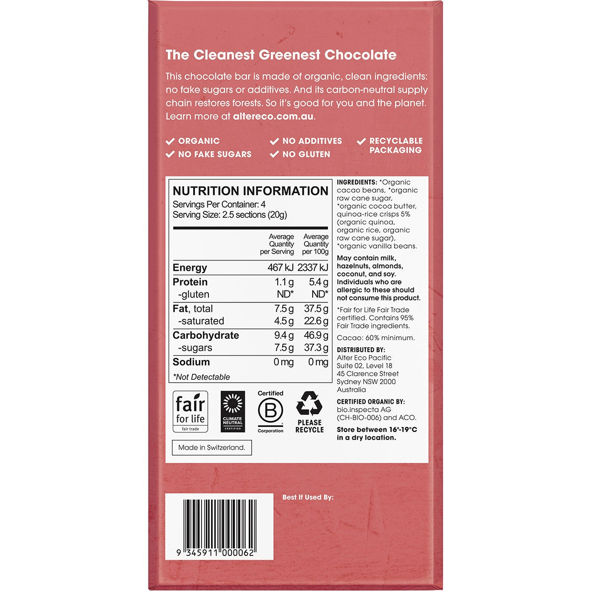 Alter Eco Chocolate (Organic) Dark Quinoa Crunch 80g 12 Pack