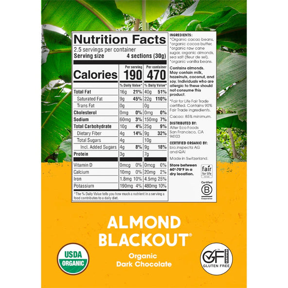Alter Eco Chocolate Organic Dark Almonds Blackout 75g (Pack of 12)