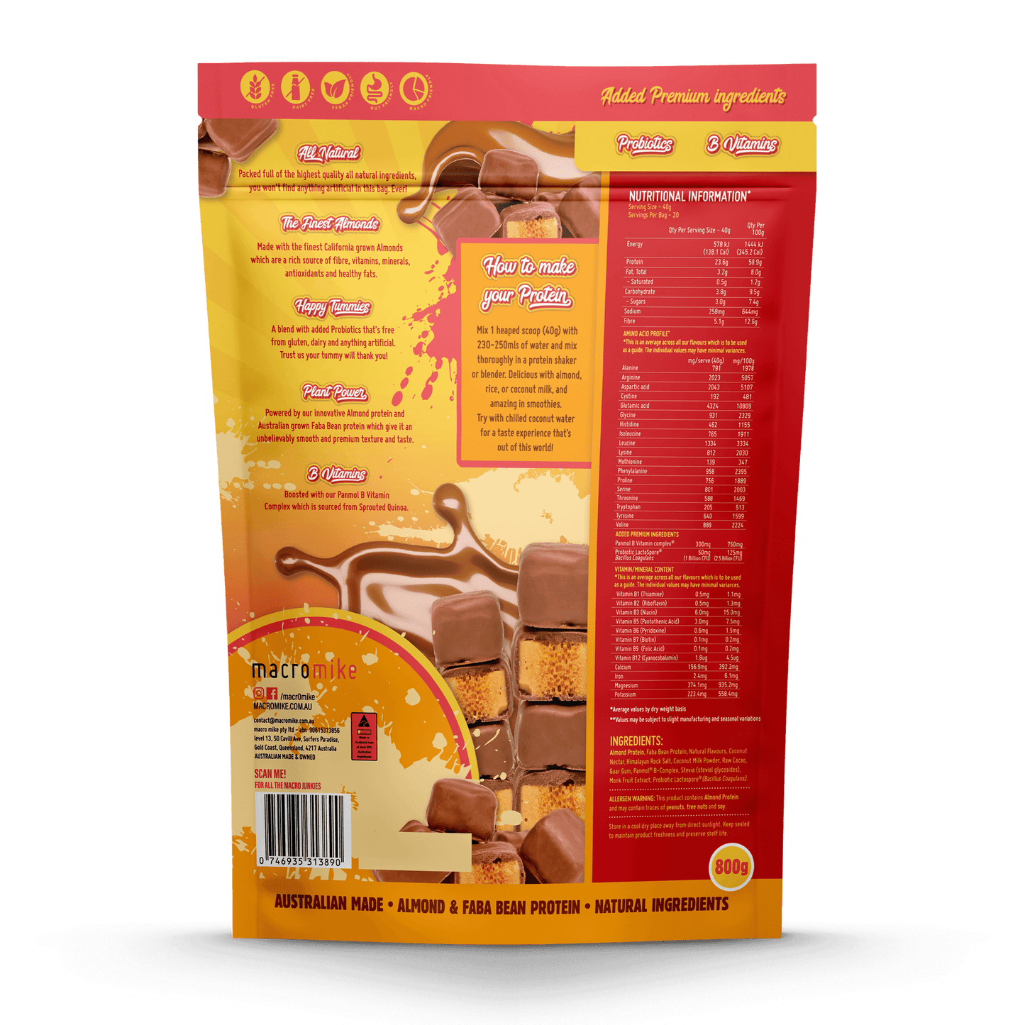 MACRO MIKE Premium Almond Protein Choc Honeycomb 800g