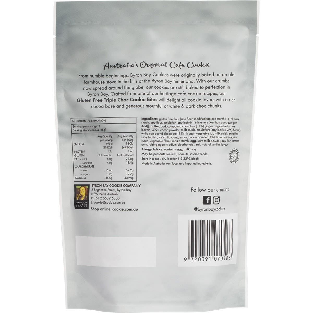 Byron Bay Cookies Gluten Free Cookie Bites Triple Choc Fudge 100g 6 Pack