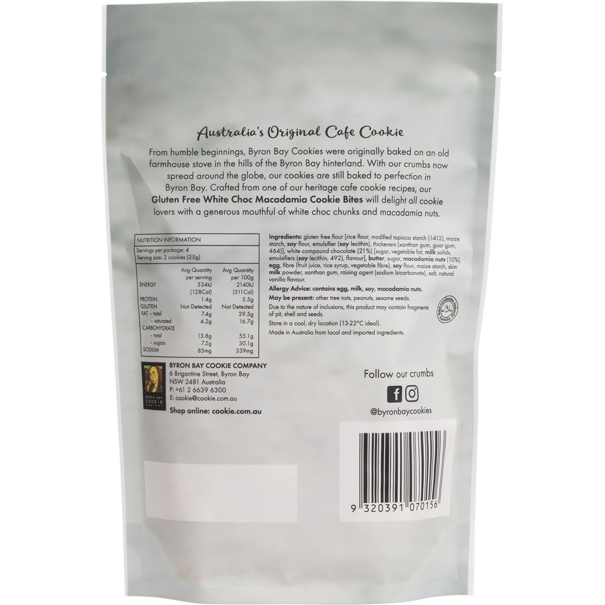Byron Bay Cookies Gluten Free Cookie Bites White Choc Macadamia 100g 6 Pack