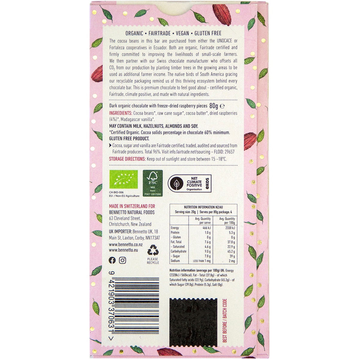 Bennetto Organic Dark Chocolate Raspberries in Dark 12x80g