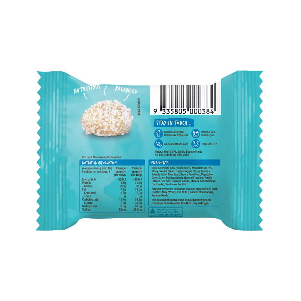 Bounce Protein Balls Coconut Macadamia 40g x 12 Pack