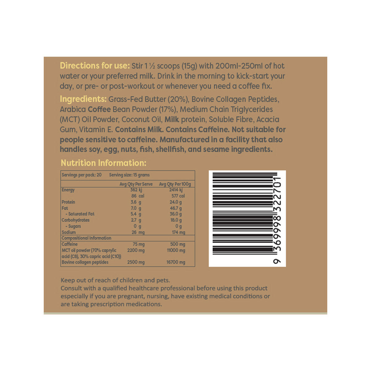 Brain and Brawn Collagen Keto Coffee (With MCT C8 & C10 and Grass-fed Butter) Unsweetened 300g
