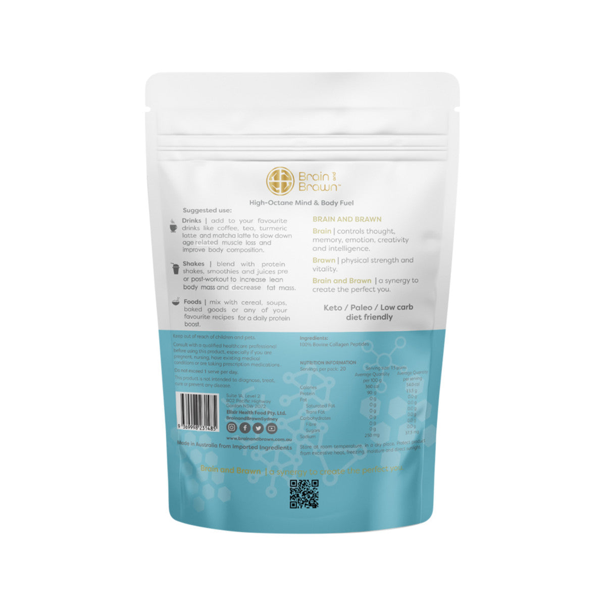Brain and Brawn Optimal Body Collagen Protein (100% Bovine Collagen Peptides) Unflavoured 300g